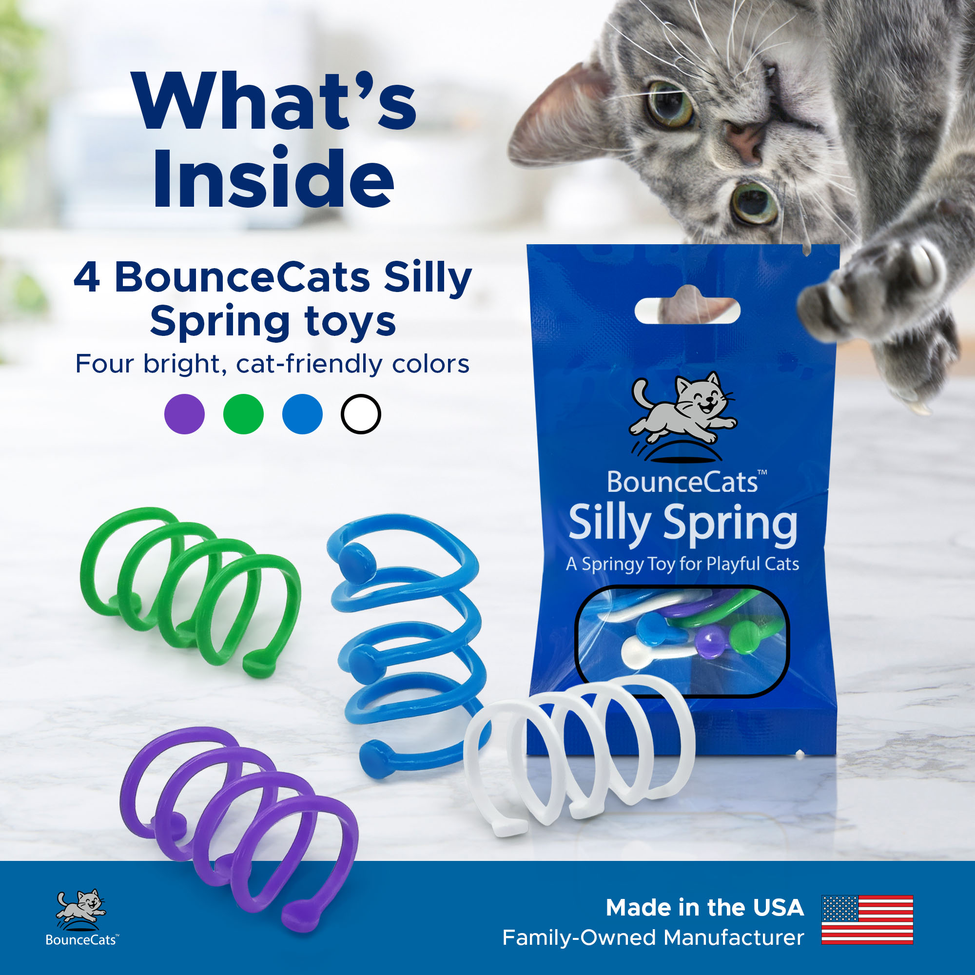 BounceCats Silly Spring 4-pack with packaging and cat