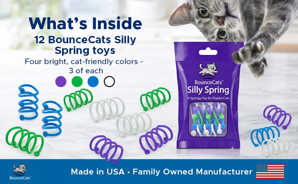 What's inside the 12-pack: 12 Silly Spring toys in four cat-friendly colors, three of each